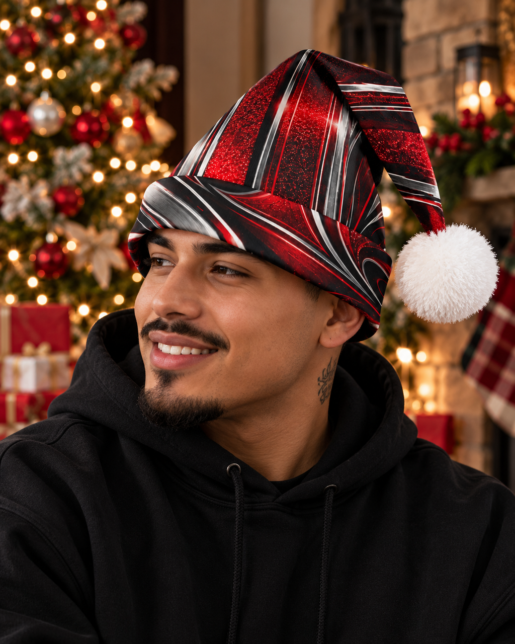 Santa Candy Paint Hat, Holiday Pom Pom Hat | Christmas Seasonal Headwear