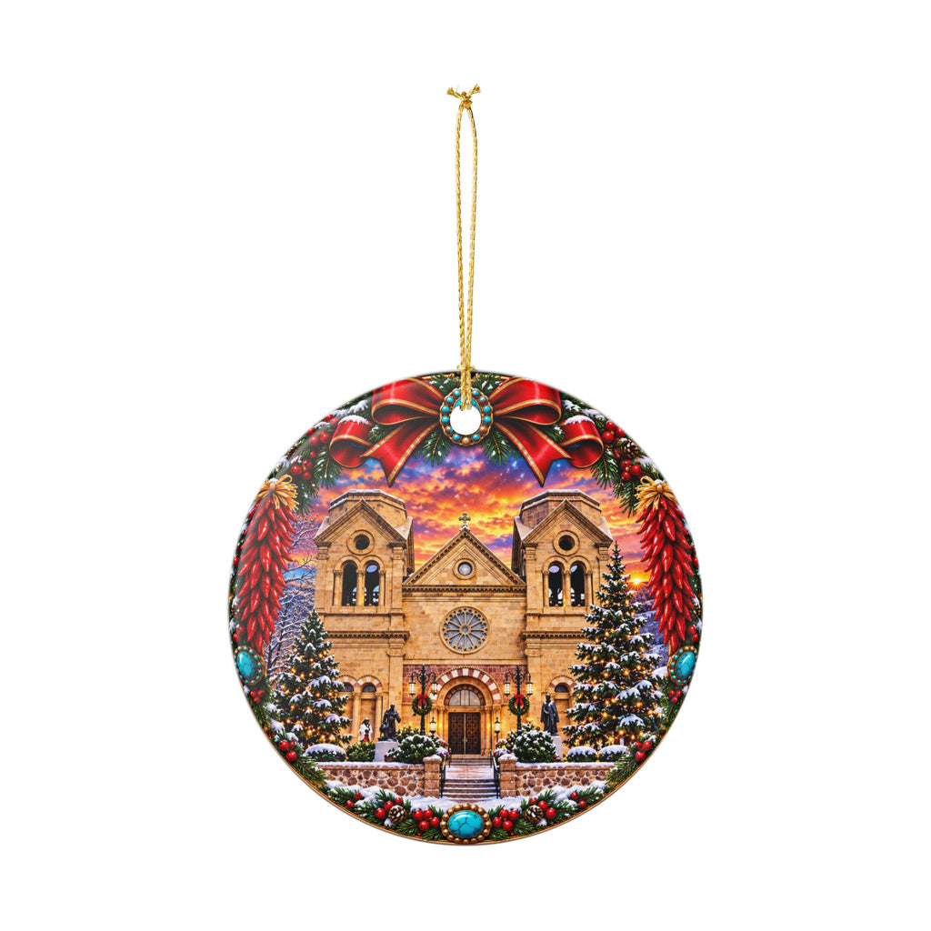 Snowy Santa Fe, NM Cathedral Christmas Ornament | Ceramic Round Decoration