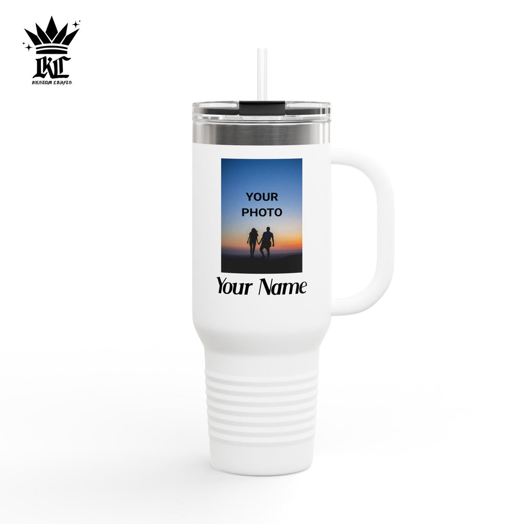40oz Insulated Travel Mug – Personalized White Tumbler with Straw & Handle