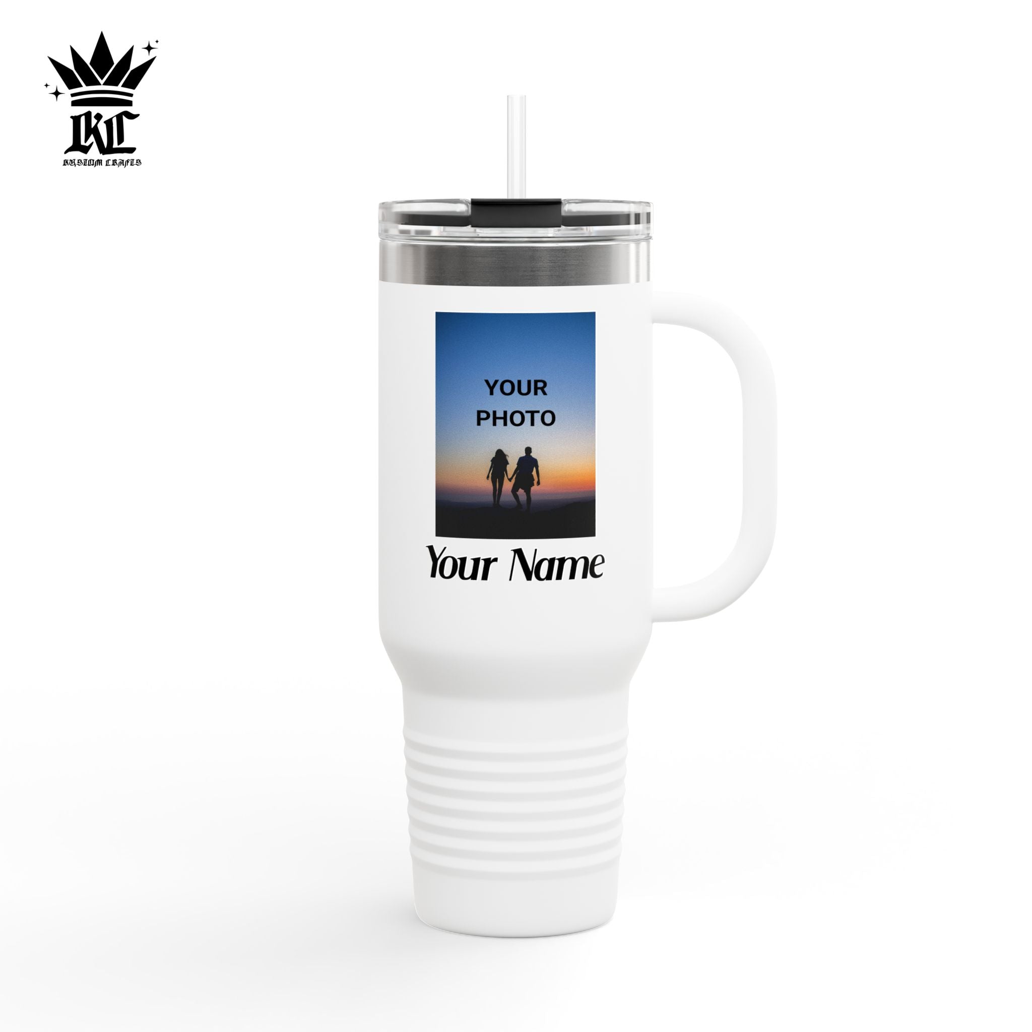 40oz Insulated Travel Mug – Personalized White Tumbler with Straw & Handle