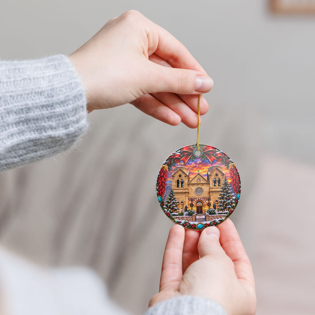 Snowy Santa Fe, NM Cathedral Christmas Ornament | Ceramic Round Decoration