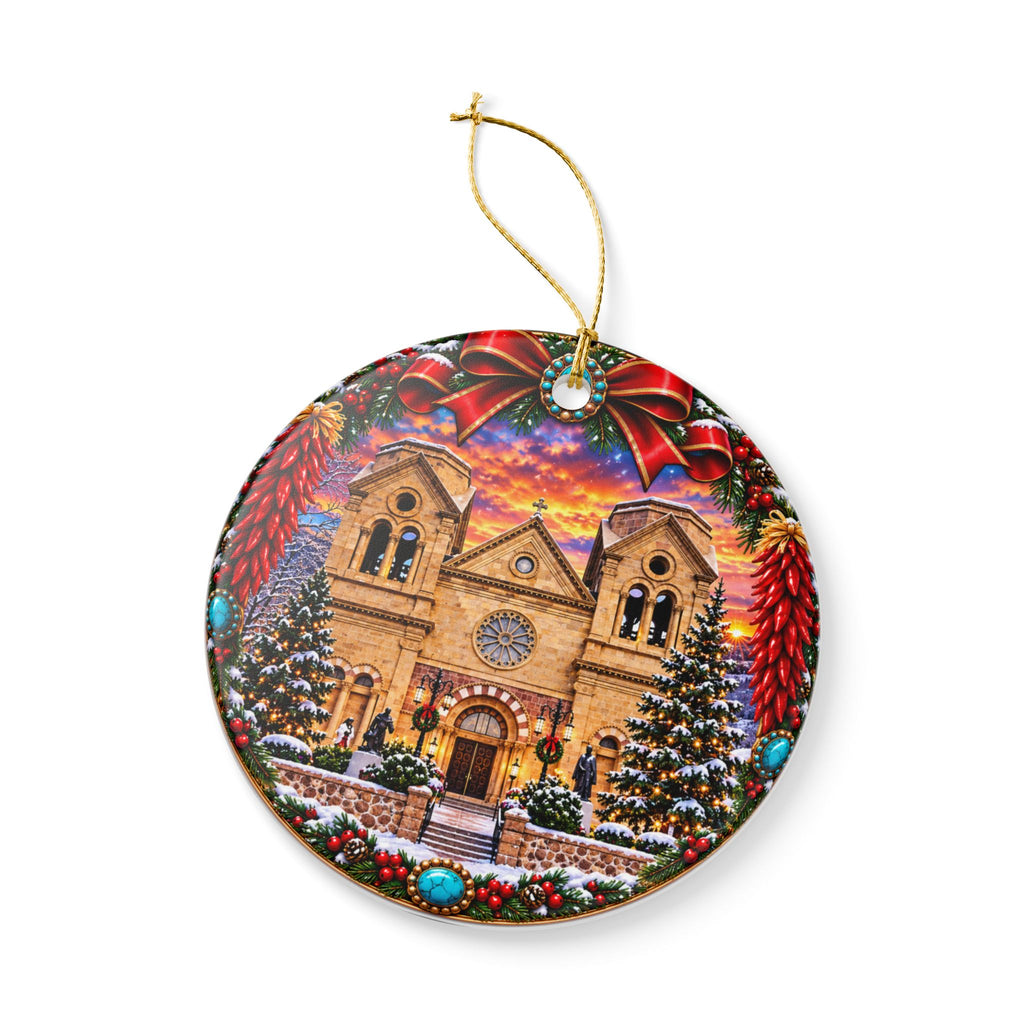 Snowy Santa Fe, NM Cathedral Christmas Ornament | Ceramic Round Decoration