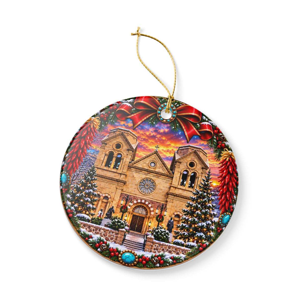 Snowy Santa Fe, NM Cathedral Christmas Ornament | Ceramic Round Decoration