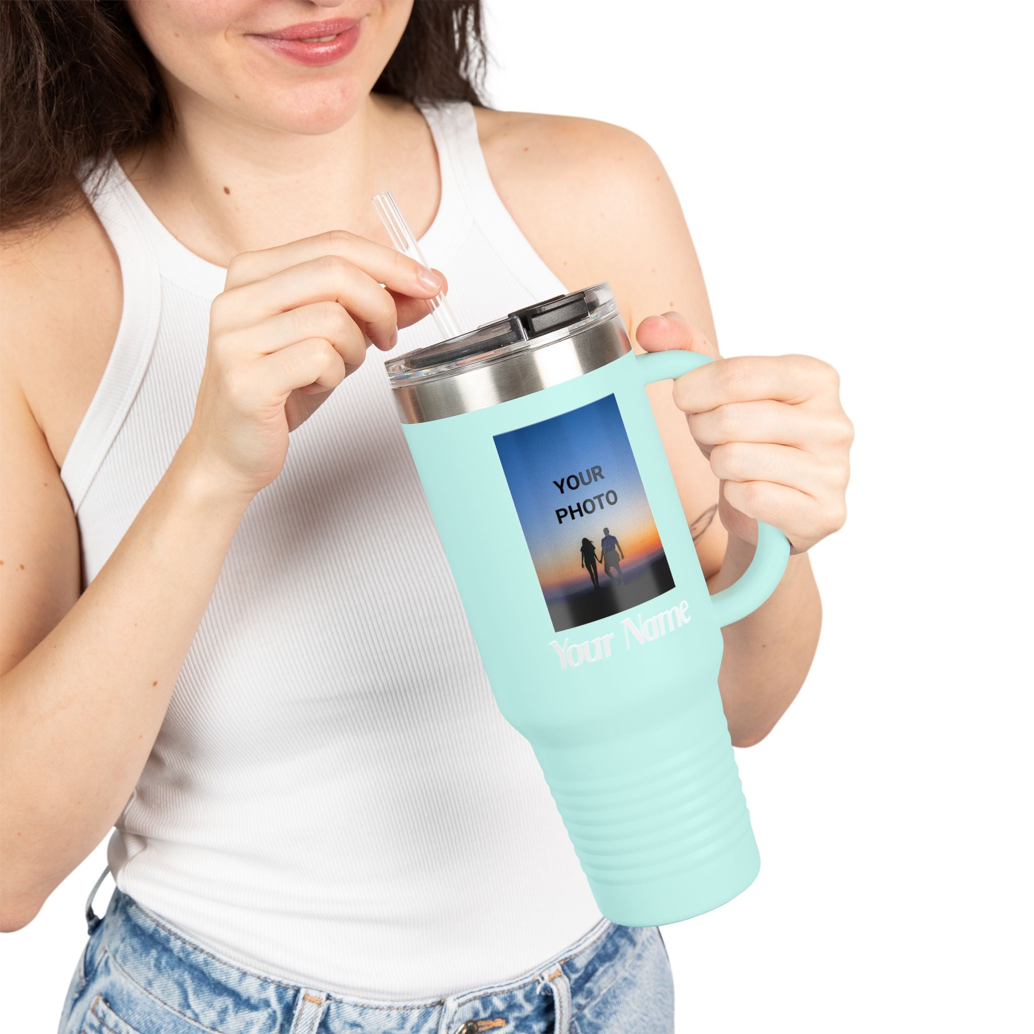 40oz Insulated Travel Mug – Personalized White Tumbler with Straw & Handle