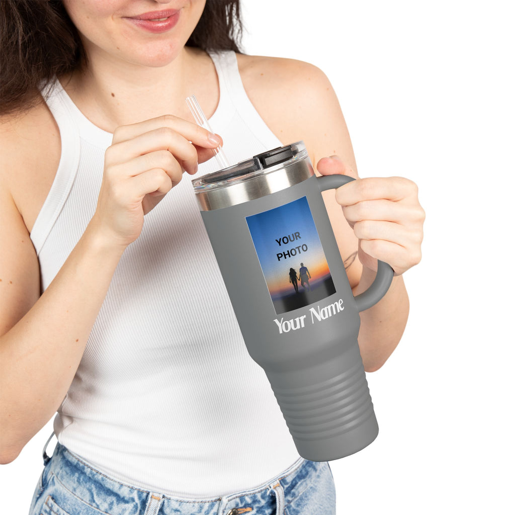 40oz Insulated Travel Mug – Personalized White Tumbler with Straw & Handle