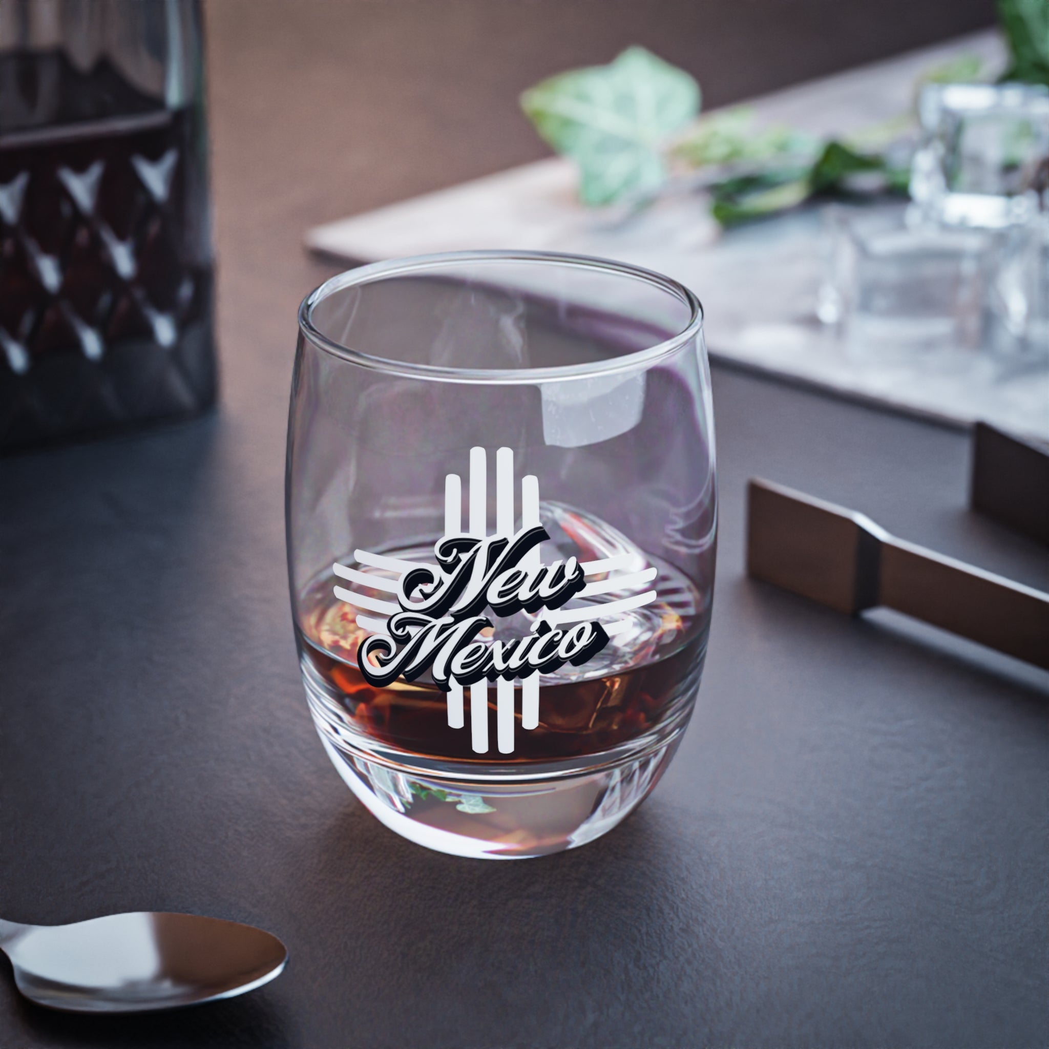 New Mexico Script Whiskey Glass | Zia Sun Symbol, State Pride
