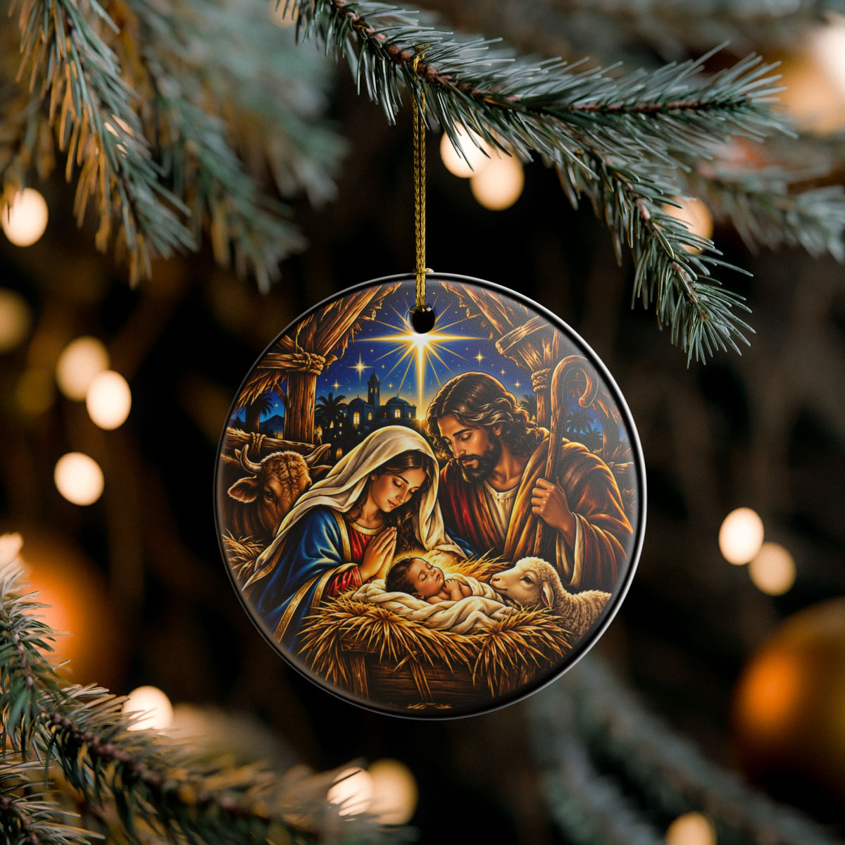 Nativity Scene Ceramic Ornament | Mary Joseph Baby Jesus