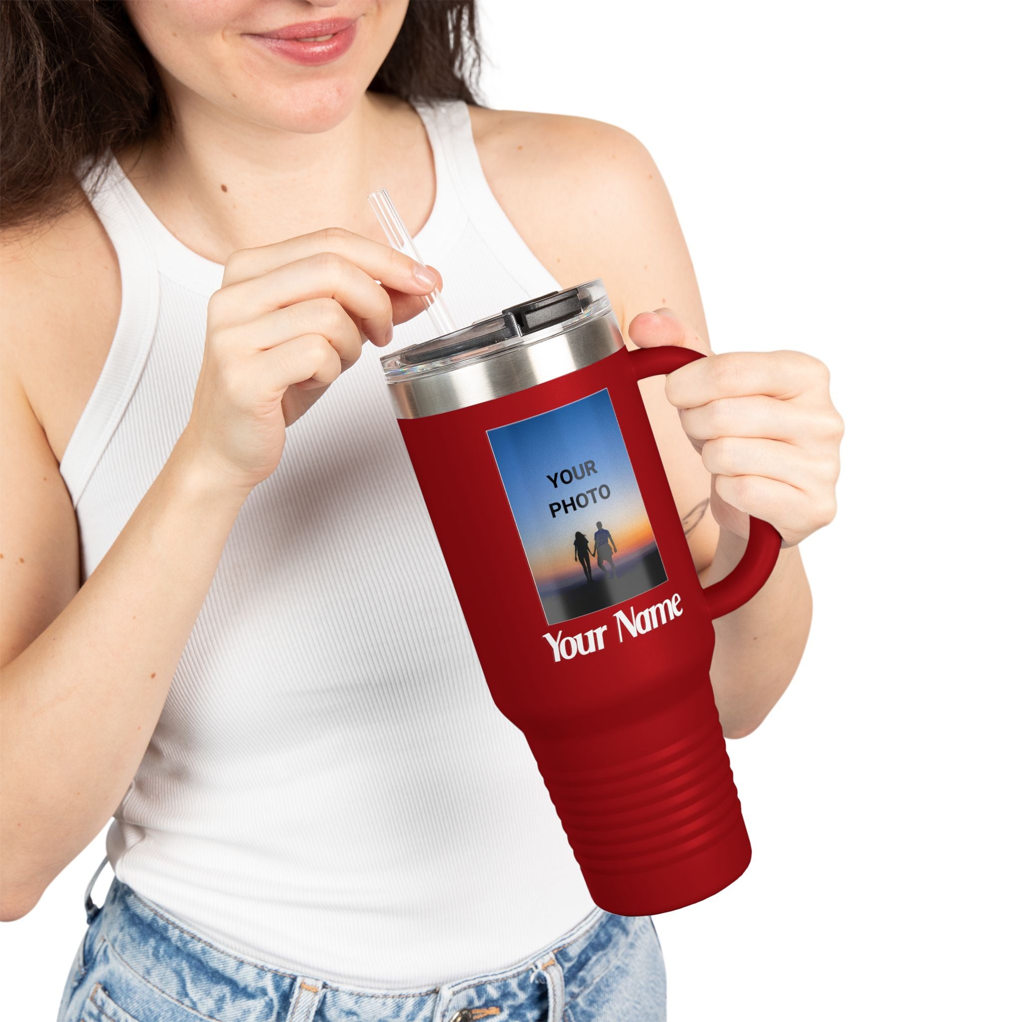 40oz Insulated Travel Mug – Personalized White Tumbler with Straw & Handle