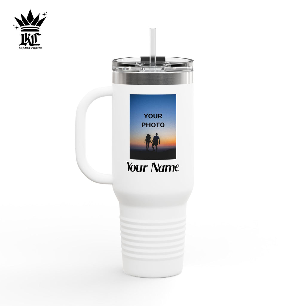 40oz Insulated Travel Mug – Personalized White Tumbler with Straw & Handle