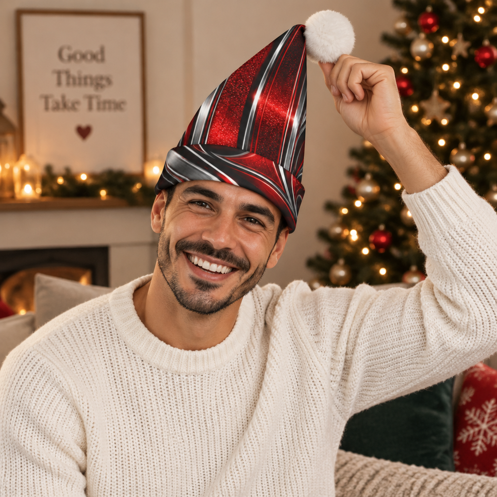 Santa Candy Paint Hat, Holiday Pom Pom Hat | Christmas Seasonal Headwear