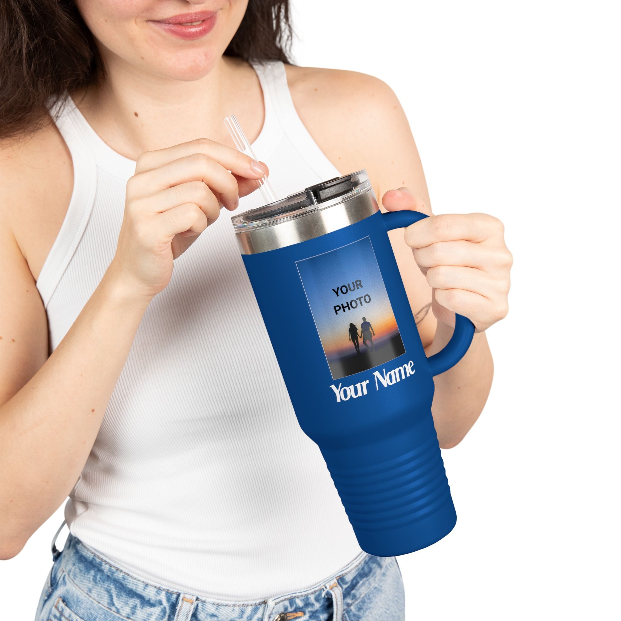 40oz Insulated Travel Mug – Personalized White Tumbler with Straw & Handle