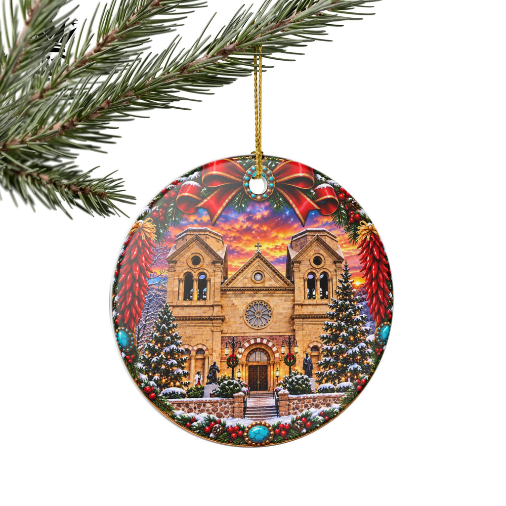 Snowy Santa Fe, NM Cathedral Christmas Ornament | Ceramic Round Decoration