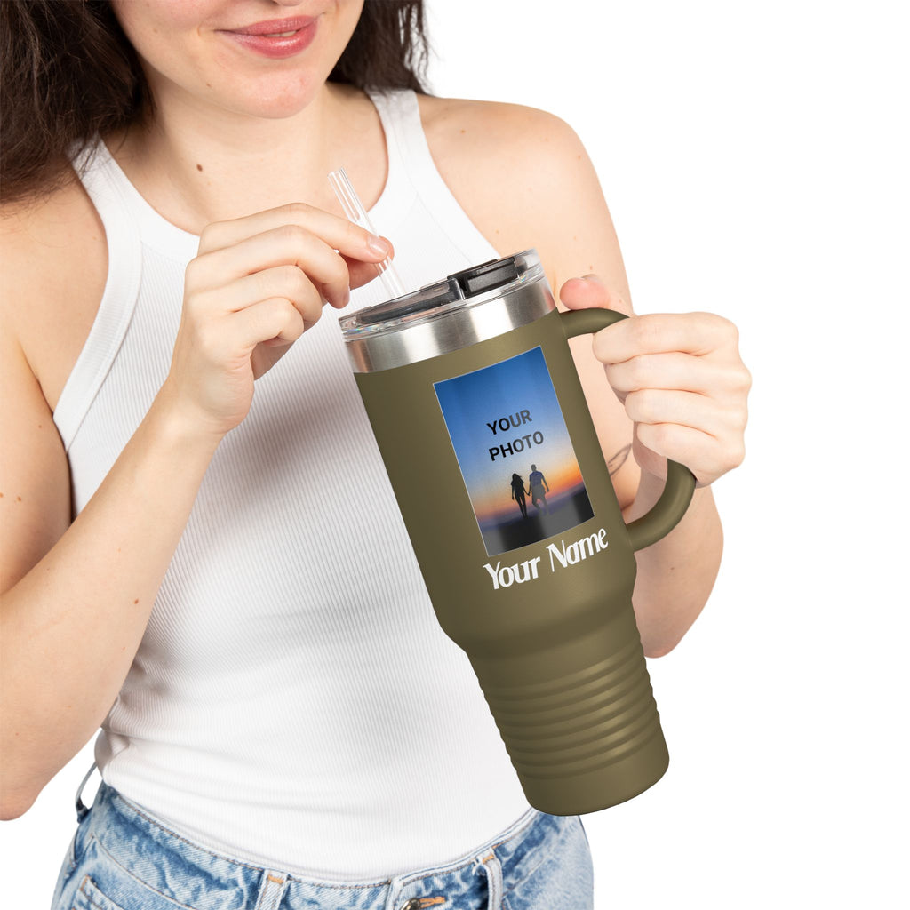 40oz Insulated Travel Mug – Personalized White Tumbler with Straw & Handle