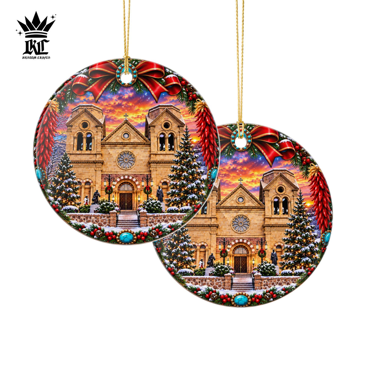 Snowy Santa Fe, NM Cathedral Christmas Ornament | Ceramic Round Decoration