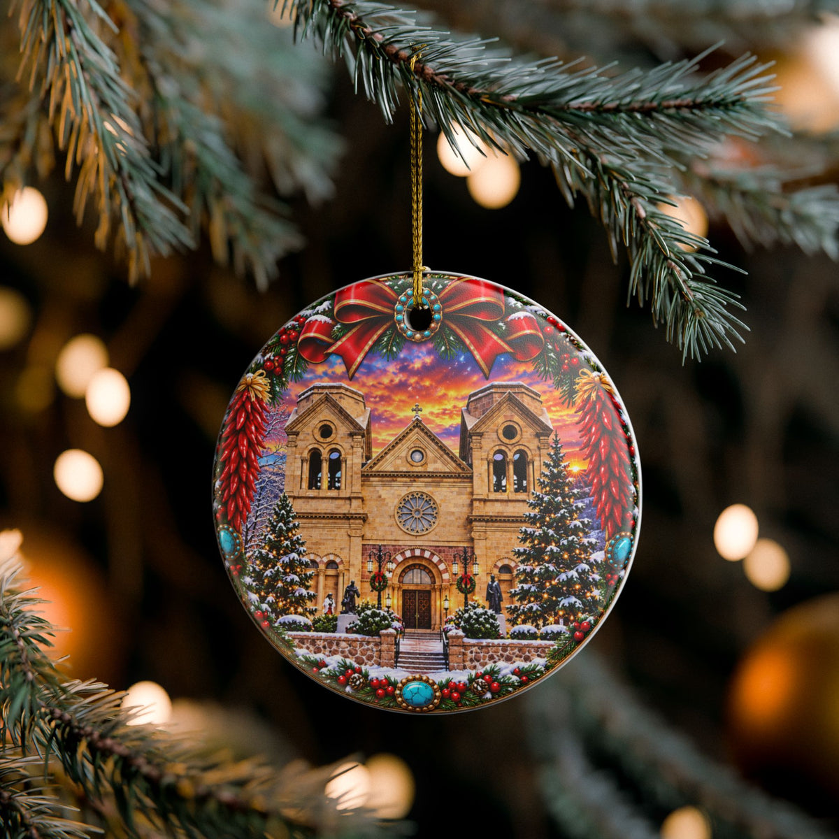 Snowy Santa Fe, NM Cathedral Christmas Ornament | Ceramic Round Decoration