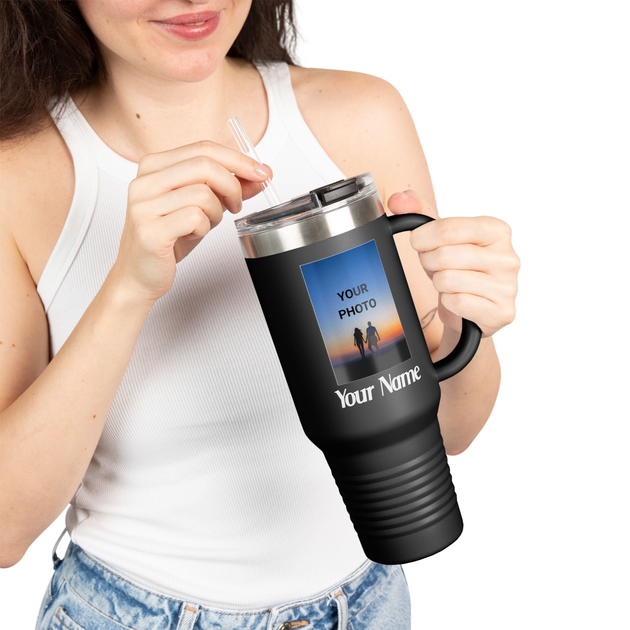 40oz Insulated Travel Mug – Personalized White Tumbler with Straw & Handle