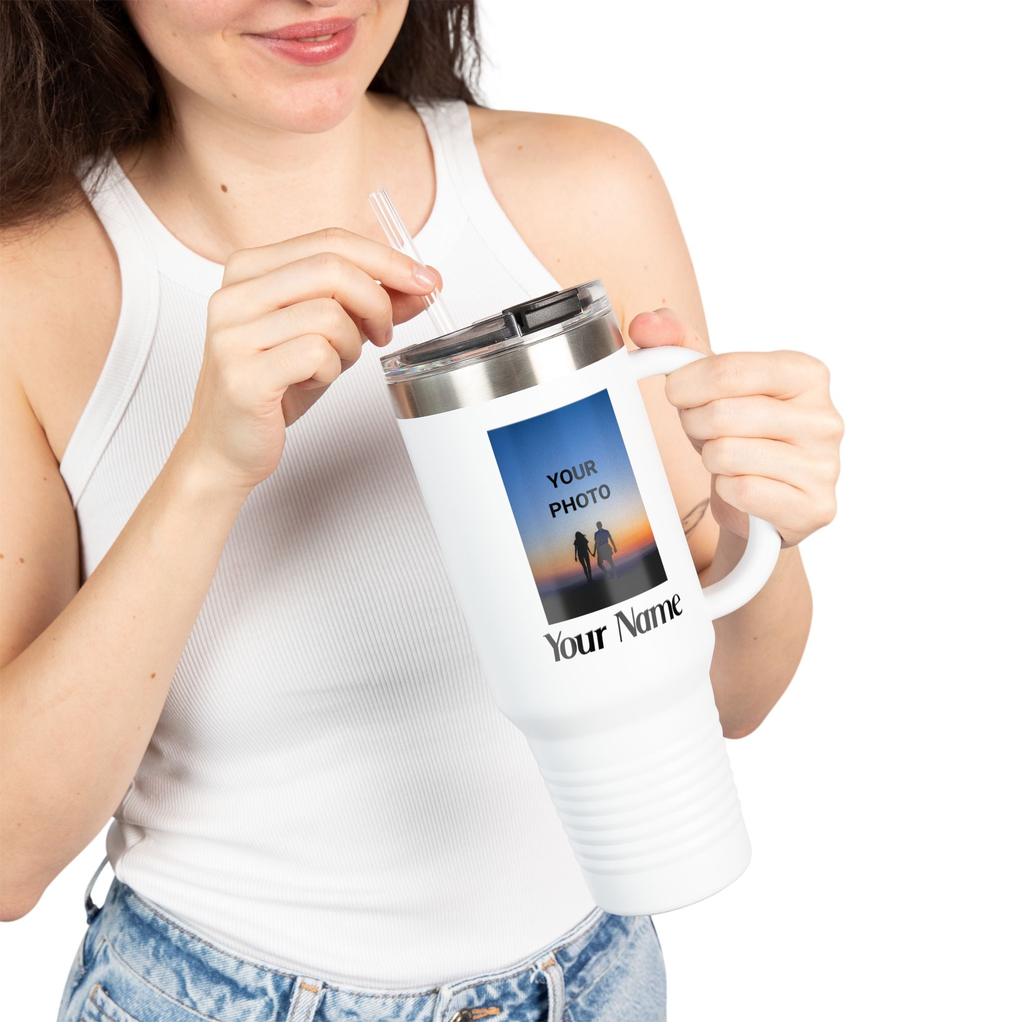 40oz Insulated Travel Mug – Personalized White Tumbler with Straw & Handle