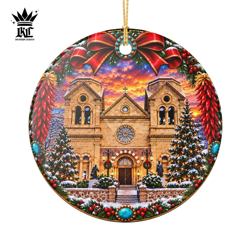 Snowy Santa Fe, NM Cathedral Christmas Ornament | Ceramic Round Decoration