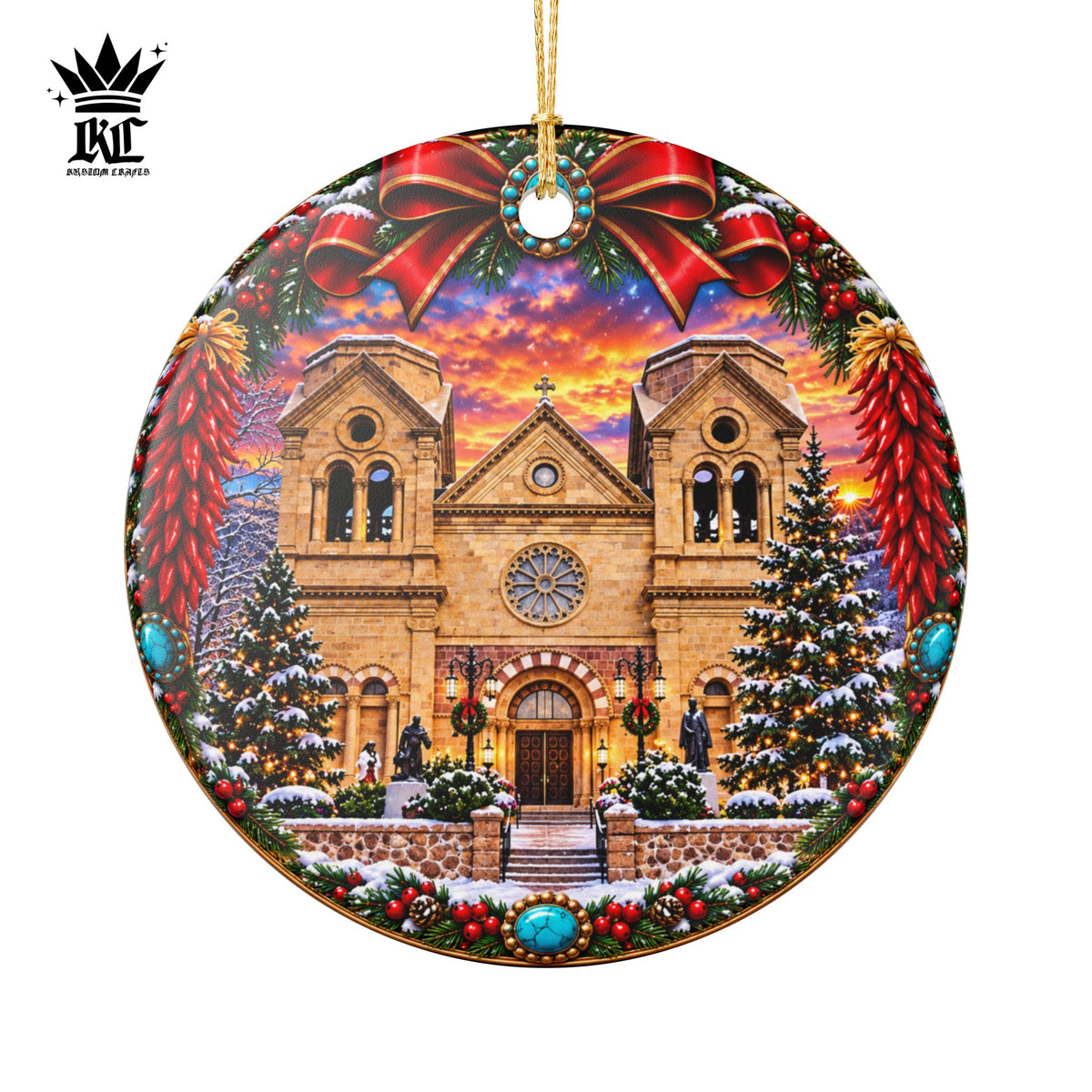 Snowy Santa Fe, NM Cathedral Christmas Ornament | Ceramic Round Decoration
