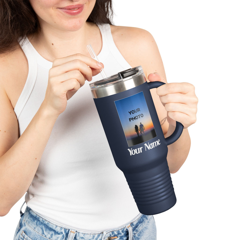 40oz Insulated Travel Mug – Personalized White Tumbler with Straw & Handle