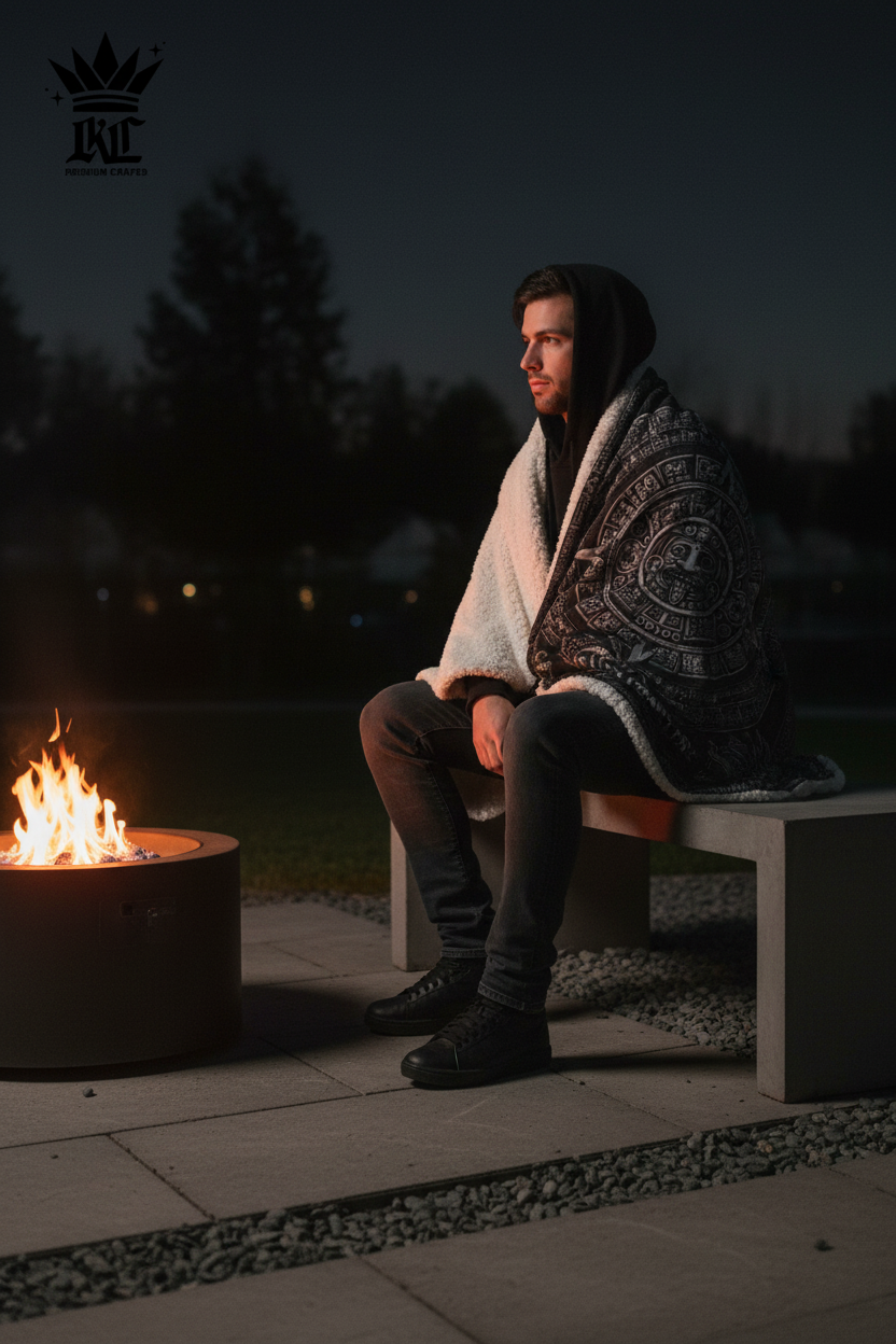 Person wrapped in blanket at fire pit